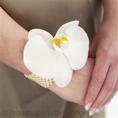 Pure White Orchid &amp; Pearl Wrist Corsage